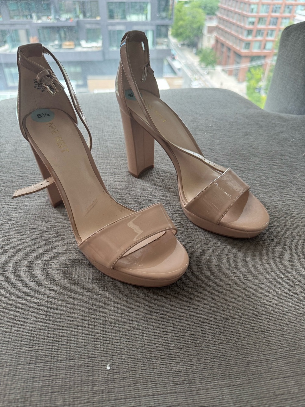 Nine West Blush Patent Ankle-Strap Block Heels